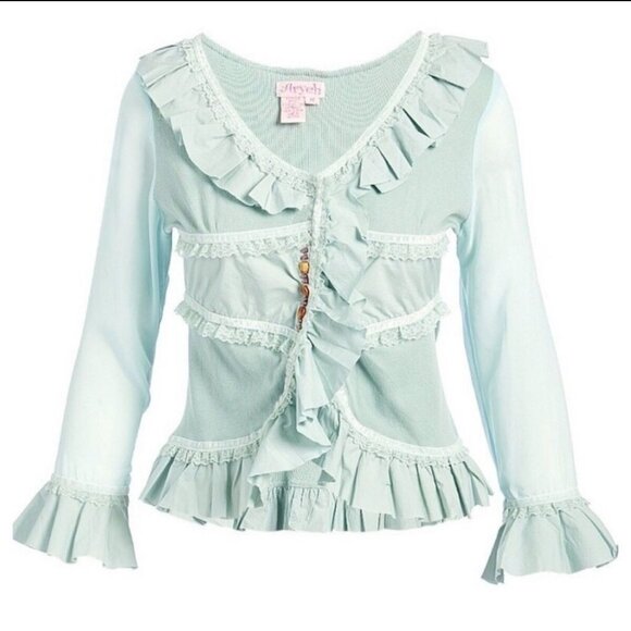 Aryeh ✦ Mint Green Ruffle Lace Long Sleeve Blouse ✦ Boho Romantic Feminine L - Picture 2 of 11